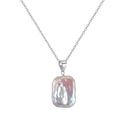 Freeform Baroque Freshwater Pearl Necklace, Rainbow Iridescent Lustre Pearl Silver Pendant Necklace