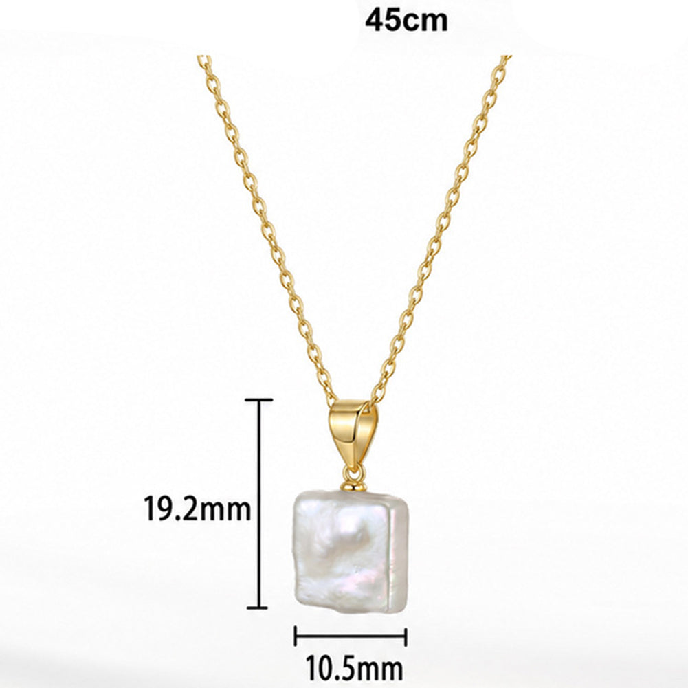 Square Baroque Freshwater Pearl Pendant Necklace, Natural Irregular Luminous Pearl Silver Chain Necklace