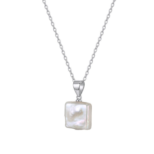 Square Baroque Freshwater Pearl Pendant Necklace, Natural Irregular Luminous Pearl Silver Chain Necklace