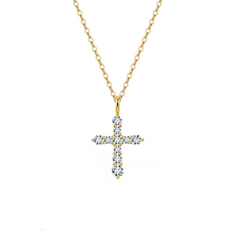 Gold Stainless Steel CZ Cross Necklace, Round Cut Clear Cubic Zirconia Paved Cross Pendant, Thin Rolo Chain