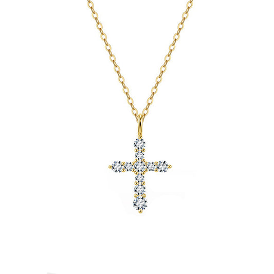Gold Stainless Steel CZ Cross Necklace, Round Cut Clear Cubic Zirconia Paved Cross Pendant, Thin Rolo Chain