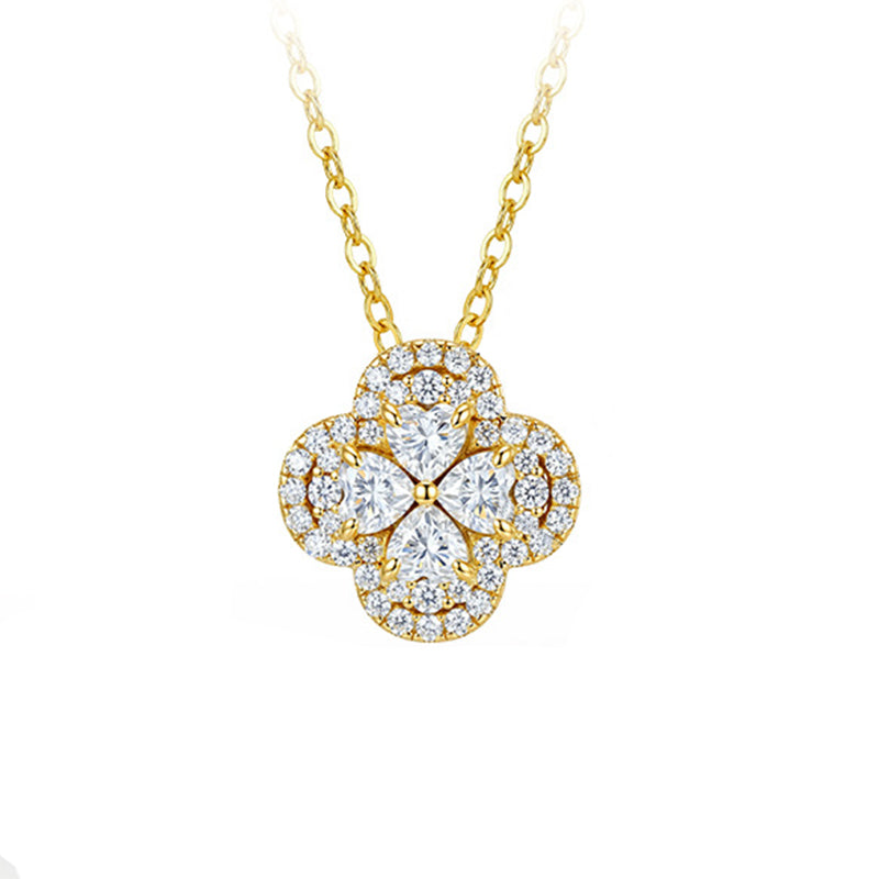 Gold Stainless Steel Four Leaf Clover Necklace, Paved Pear & Round Cut Clear CZ Quatrefoil Pendant Dainty Rolo Chain