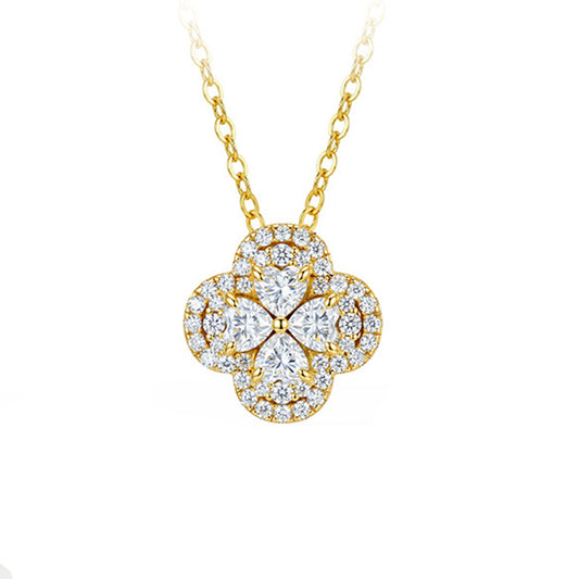 Gold Stainless Steel Four Leaf Clover Necklace, Paved Pear & Round Cut Clear CZ Quatrefoil Pendant Dainty Rolo Chain