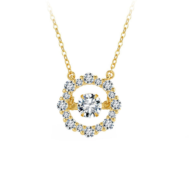 Gold Stainless Steel Moving Halo Circle Necklace, Floating Round CZ Center Stone with Surrounding Paved Cubic Zirconia