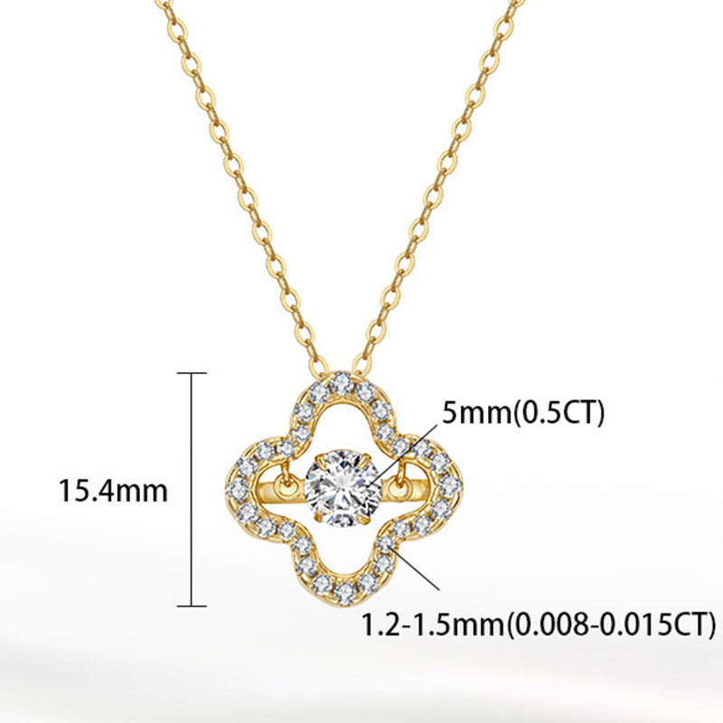 Gold Stainless Steel Hollow Quatrefoil Necklace, Dynamic Floating Round CZ Stone In Four Leaf Clover Frame Pendant