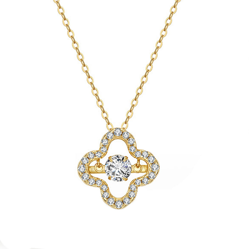 Gold Stainless Steel Hollow Quatrefoil Necklace, Dynamic Floating Round CZ Stone In Four Leaf Clover Frame Pendant