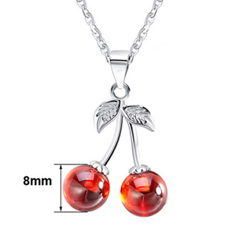 Silver Stainless Steel Red Cherry Pendant Necklace, Round Red Bead Cherry Charm With CZ Inlaid Leaf Details Cable Chain