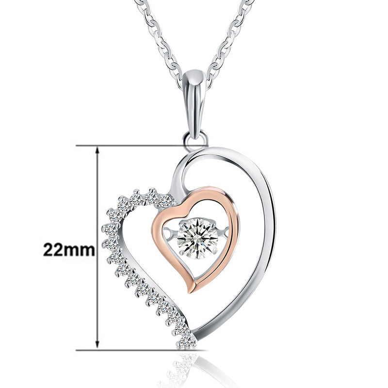 Two Tone Stainless Steel Interlocking Double Heart Pendant Necklace, Rose Gold Inner Heart With Center Round CZ & Pave CZ Accents Rolo Chain