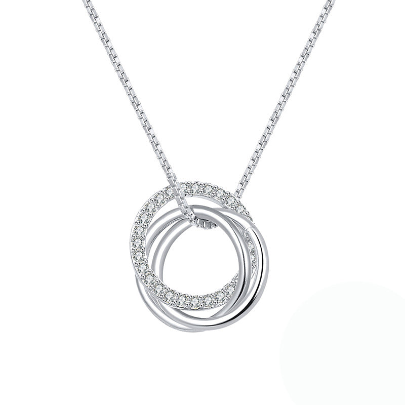 Gold Stainless Steel Interlocking Triple Rings Necklace, One Pave CZ Inlaid Circle Three Linked Rings Box Chain Pendant