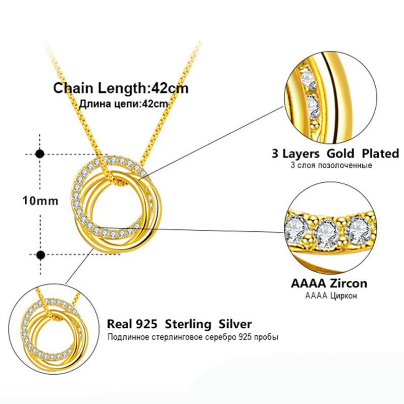 Gold Stainless Steel Interlocking Triple Rings Necklace, One Pave CZ Inlaid Circle Three Linked Rings Box Chain Pendant
