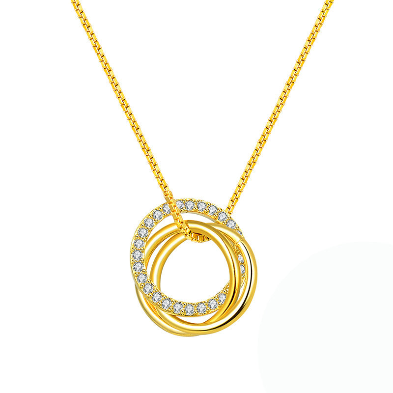 Gold Stainless Steel Interlocking Triple Rings Necklace, One Pave CZ Inlaid Circle Three Linked Rings Box Chain Pendant