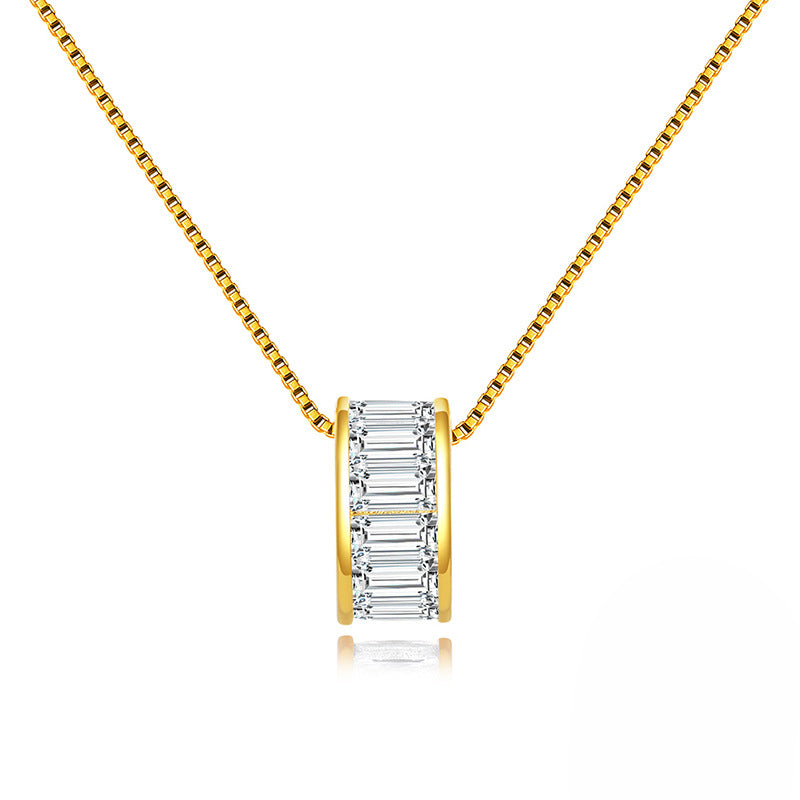 Gold Stainless Steel Cylinder Barrel Pendant Necklace, Horizontal Baguette Cut Clear CZ Inlaid Tube Charm Box Chain