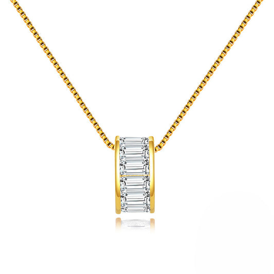 Gold Stainless Steel Cylinder Barrel Pendant Necklace, Horizontal Baguette Cut Clear CZ Inlaid Tube Charm Box Chain