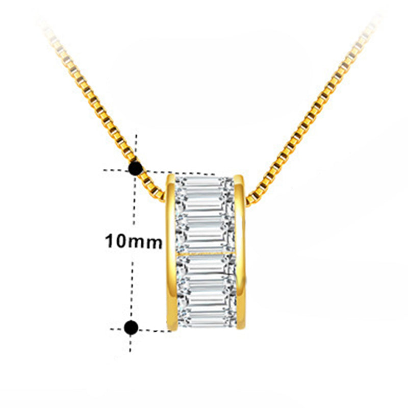 Gold Stainless Steel Cylinder Barrel Pendant Necklace, Horizontal Baguette Cut Clear CZ Inlaid Tube Charm Box Chain