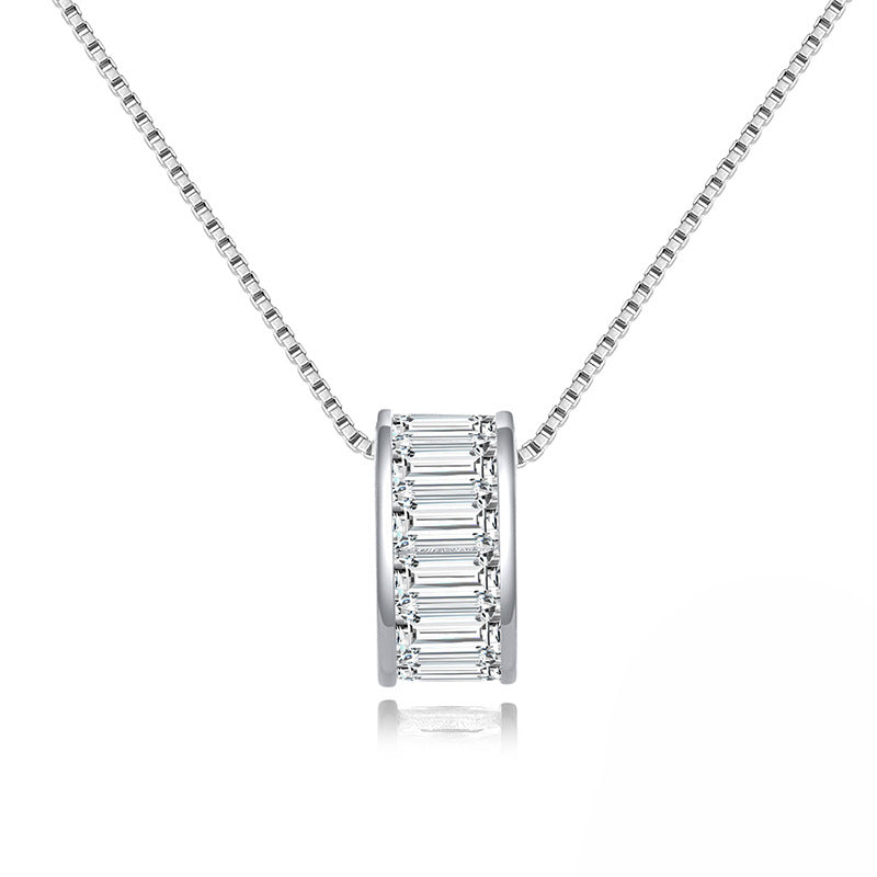 Gold Stainless Steel Cylinder Barrel Pendant Necklace, Horizontal Baguette Cut Clear CZ Inlaid Tube Charm Box Chain