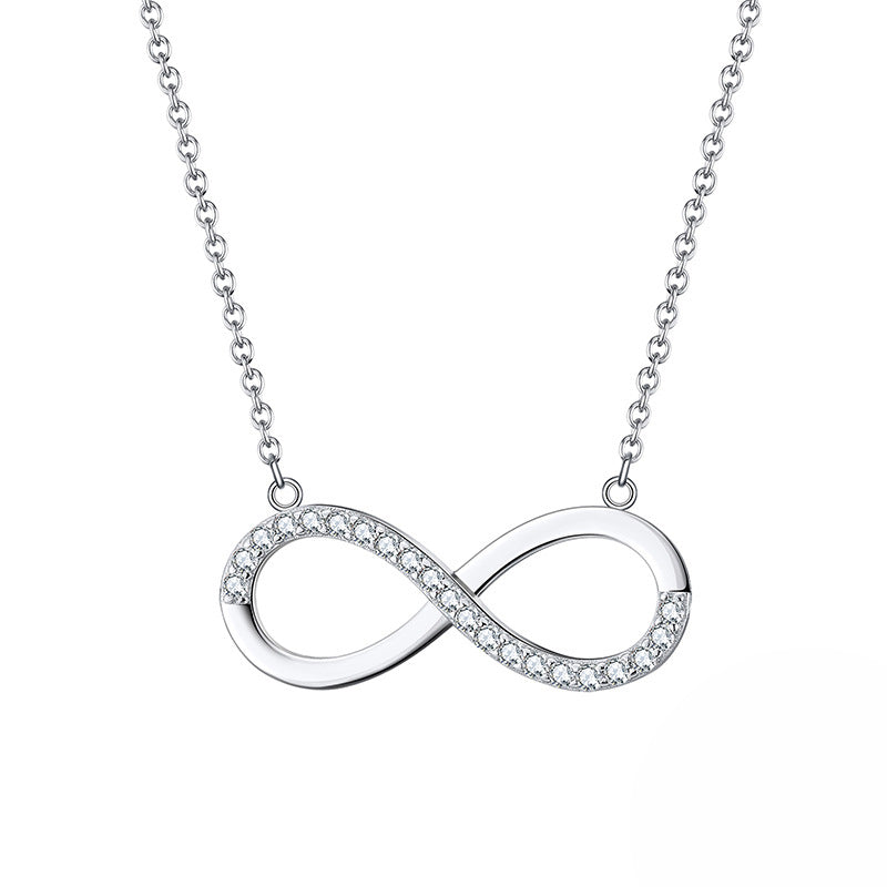 Silver Stainless Steel Infinity Symbol Necklace, Partial Pave Clear Cubic Zirconia Infinite Sign Rolo Chain Pendant