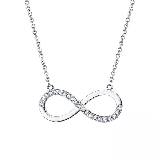 Silver Stainless Steel Infinity Symbol Necklace, Partial Pave Clear Cubic Zirconia Infinite Sign Rolo Chain Pendant