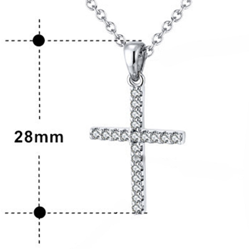 Silver Stainless Steel Full Pave CZ Cross Necklace, Clear Cubic Zirconia Encrusted Vertical Cross Pendant Rolo Chain