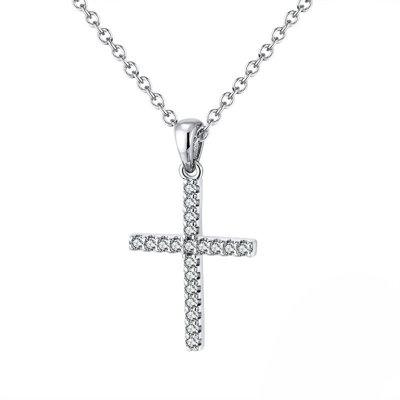 Silver Stainless Steel Full Pave CZ Cross Necklace, Clear Cubic Zirconia Encrusted Vertical Cross Pendant Rolo Chain