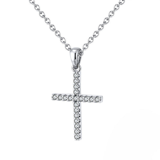 Silver Stainless Steel Full Pave CZ Cross Necklace, Clear Cubic Zirconia Encrusted Vertical Cross Pendant Rolo Chain