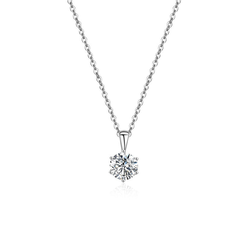 Silver Stainless Steel 6-Prong Round CZ Solitaire Necklace, Single Clear Round Cubic Zirconia Pendant Thin Rolo Chain