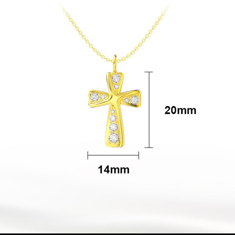 Gold Stainless Steel Polished Cross Pendant Necklace, Multi Round Clear CZ Inlaid Cross Charm Rolo Chain For Women