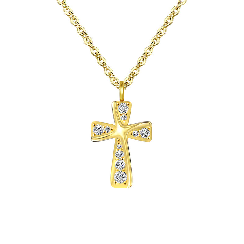 Gold Stainless Steel Polished Cross Pendant Necklace, Multi Round Clear CZ Inlaid Cross Charm Rolo Chain For Women