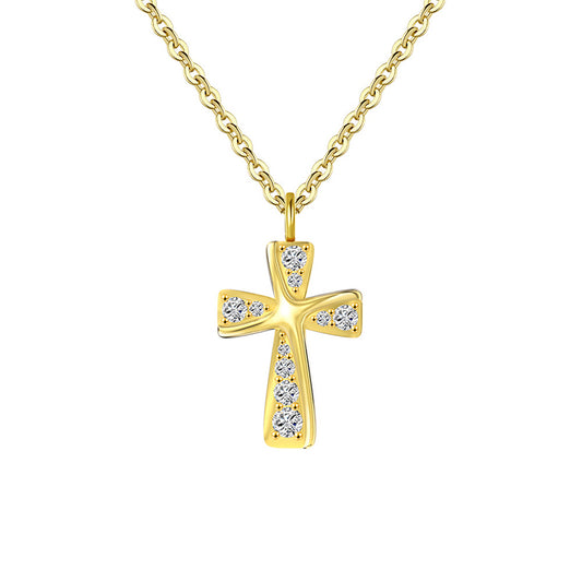 Gold Stainless Steel Polished Cross Pendant Necklace, Multi Round Clear CZ Inlaid Cross Charm Rolo Chain For Women