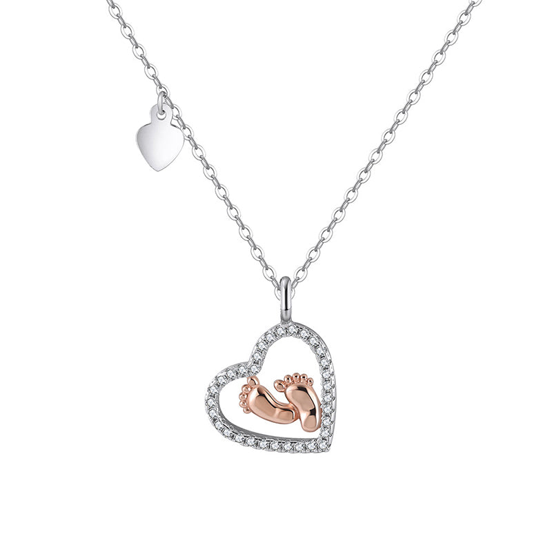 Two Tone Stainless Steel Open Heart Necklace with Baby Footprint Charm, Paved CZ Hollow Heart Pendant