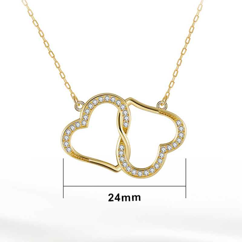 Silver Stainless Steel Interlocking Double Heart Necklace, Paved CZ Hollow Linked Heart Paperclip Chain Necklace