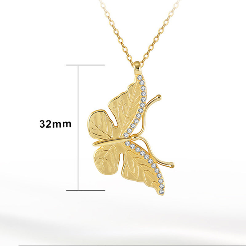 Gold Stainless Steel Textured Butterfly Pendant Necklace, Paved Clear CZ Wing Detail Cable Chain Necklace