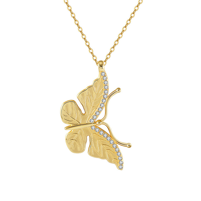 Gold Stainless Steel Textured Butterfly Pendant Necklace, Paved Clear CZ Wing Detail Cable Chain Necklace
