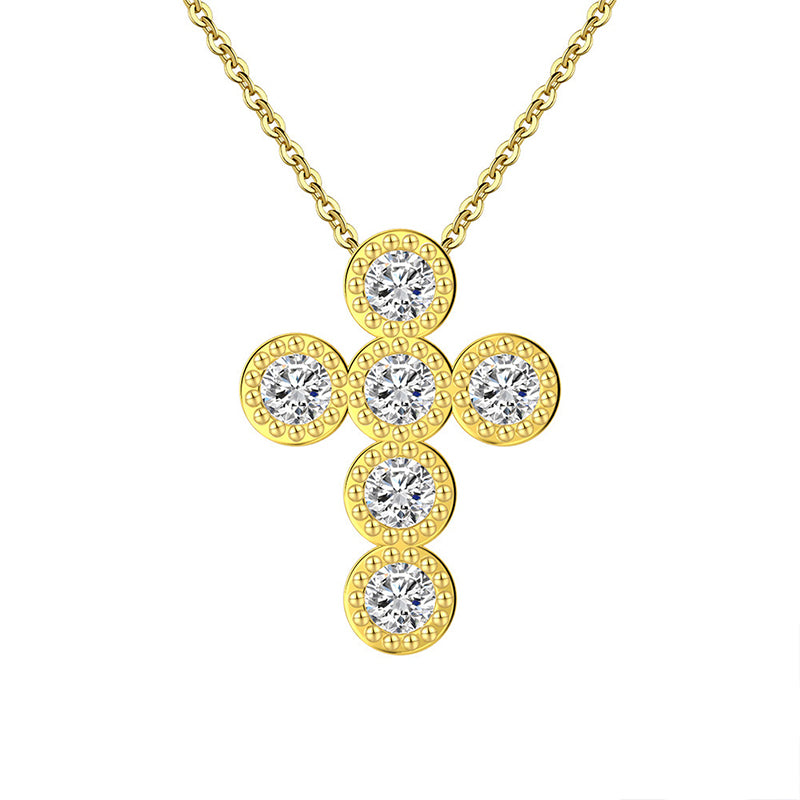 Gold Stainless Steel Cross Necklace with 6 Round Bezel Set Cubic Zirconia Stones, Vintage Coin Edge Cross Pendant