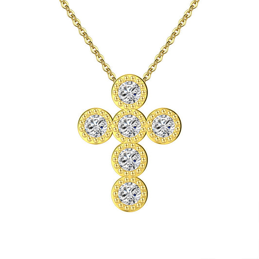Gold Stainless Steel Cross Necklace with 6 Round Bezel Set Cubic Zirconia Stones, Vintage Coin Edge Cross Pendant