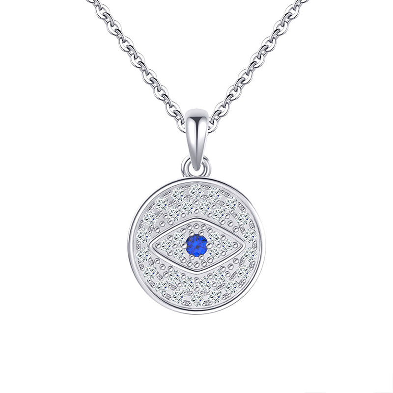 Gold Stainless Steel Evil Eye Round Coin Pendant Necklace, Paved Blue & White CZ Medallion Necklace