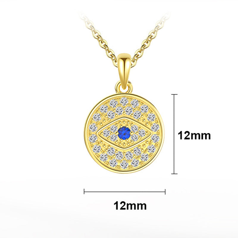 Gold Stainless Steel Evil Eye Round Coin Pendant Necklace, Paved Blue & White CZ Medallion Necklace