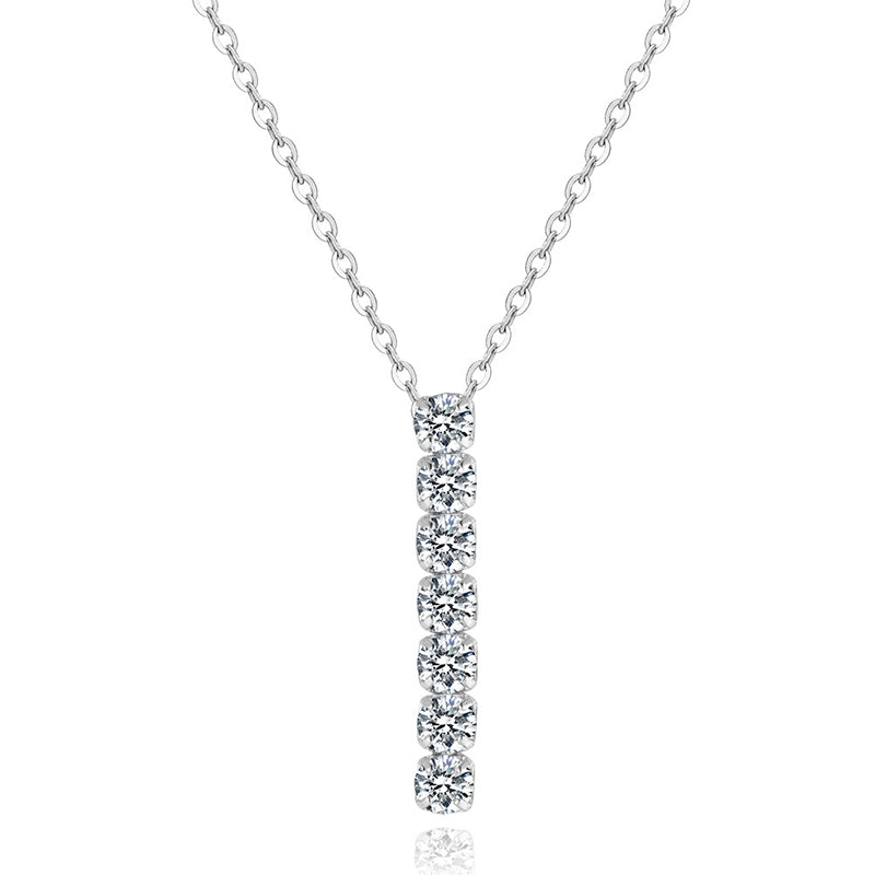 Gold Stainless Steel Vertical Linear CZ Drop Necklace, 7 Pcs Round Cubic Zirconia Bar Pendant Cable Chain