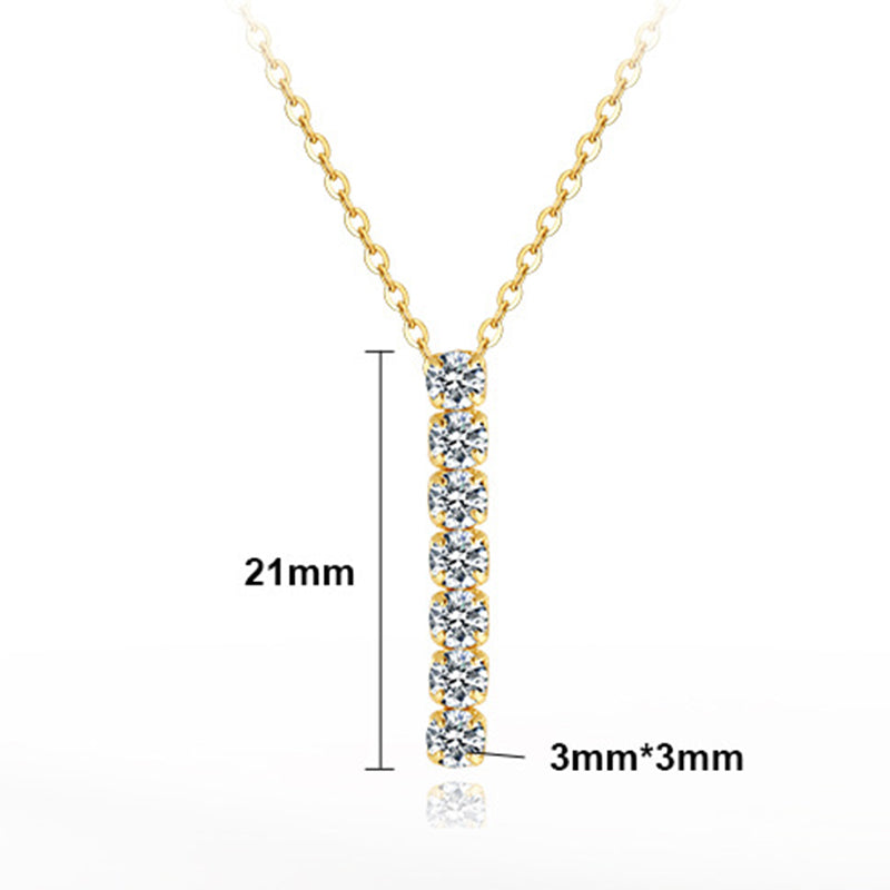 Gold Stainless Steel Vertical Linear CZ Drop Necklace, 7 Pcs Round Cubic Zirconia Bar Pendant Cable Chain