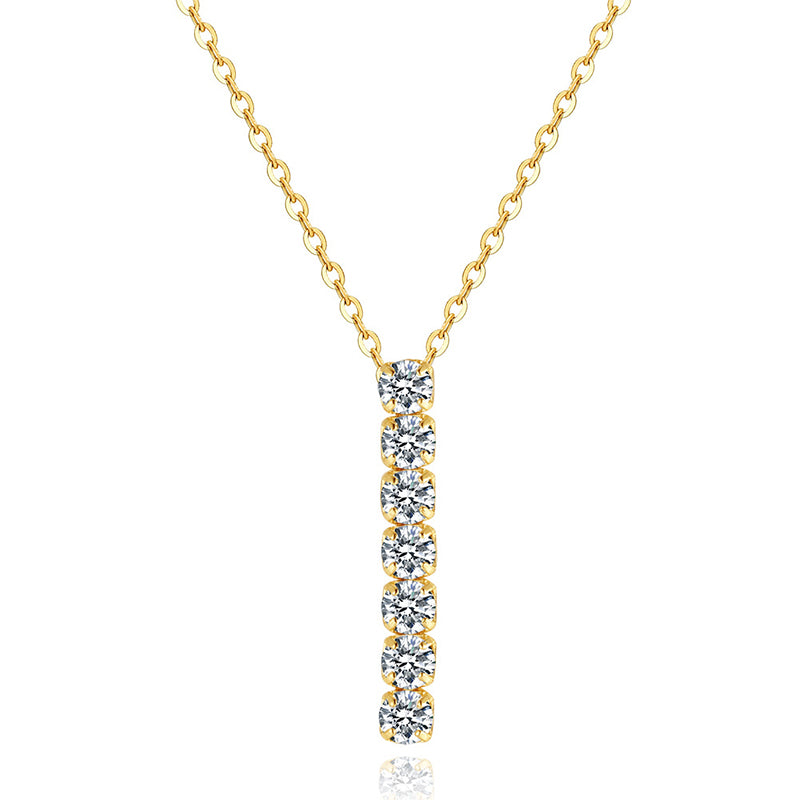 Gold Stainless Steel Vertical Linear CZ Drop Necklace, 7 Pcs Round Cubic Zirconia Bar Pendant Cable Chain