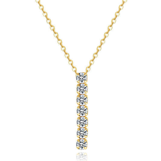 Gold Stainless Steel Vertical Linear CZ Drop Necklace, 7 Pcs Round Cubic Zirconia Bar Pendant Cable Chain