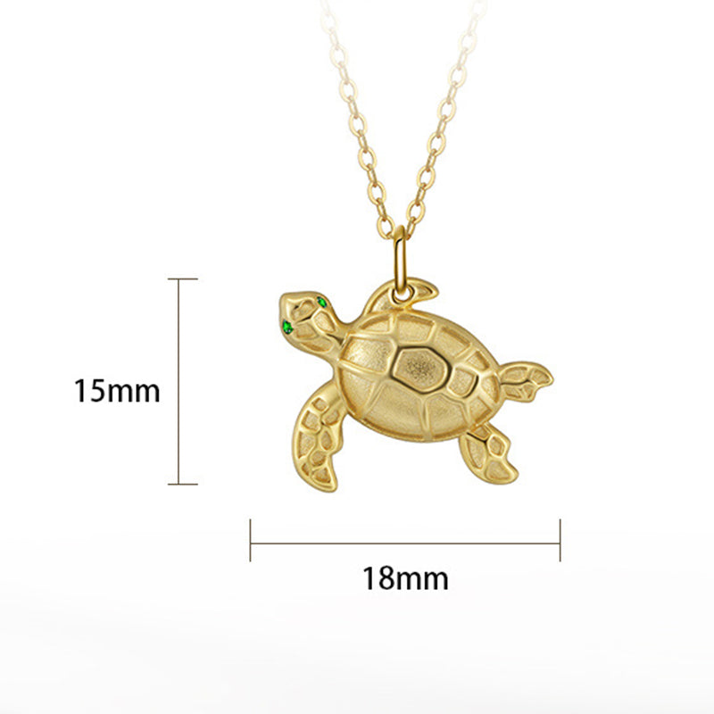 Gold Stainless Steel Sea Turtle Pendant Necklace, Textured Tortoise Charm with Green CZ Eyes on Thin Rolo Cable Chain