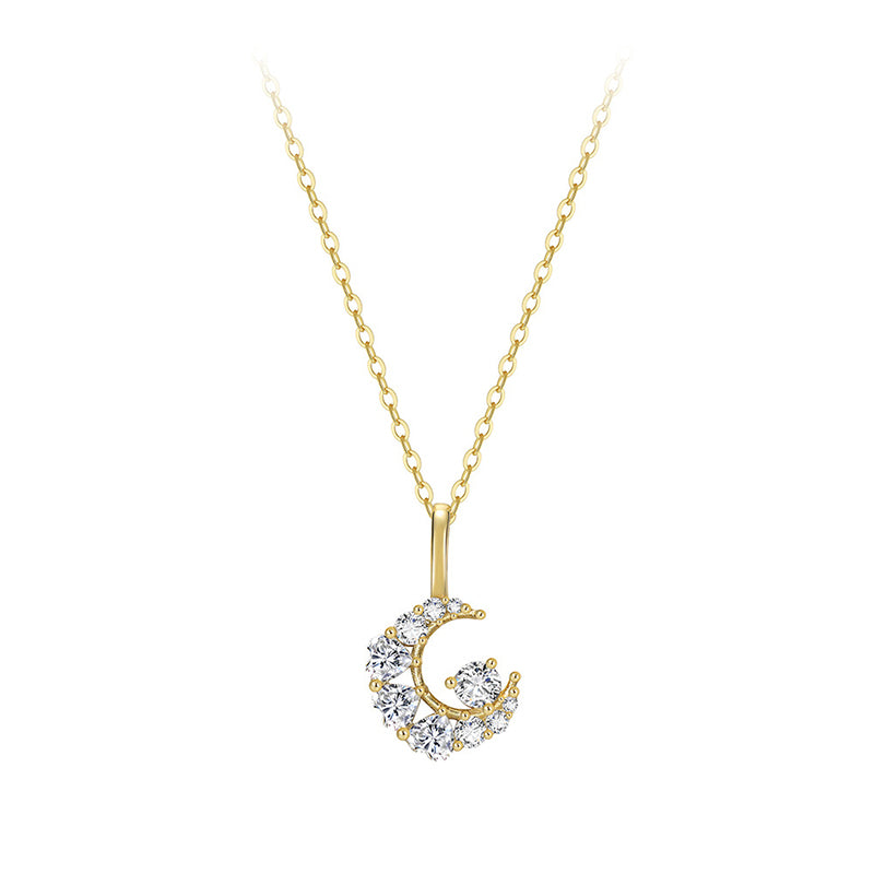 Gold Stainless Steel Crescent Moon Pendant Necklace, Mixed Size Paved Clear CZ Moon Charm Necklace