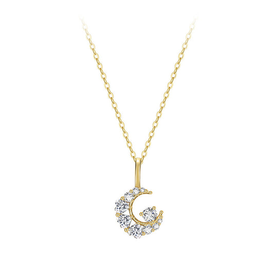 Gold Stainless Steel Crescent Moon Pendant Necklace, Mixed Size Paved Clear CZ Moon Charm Necklace