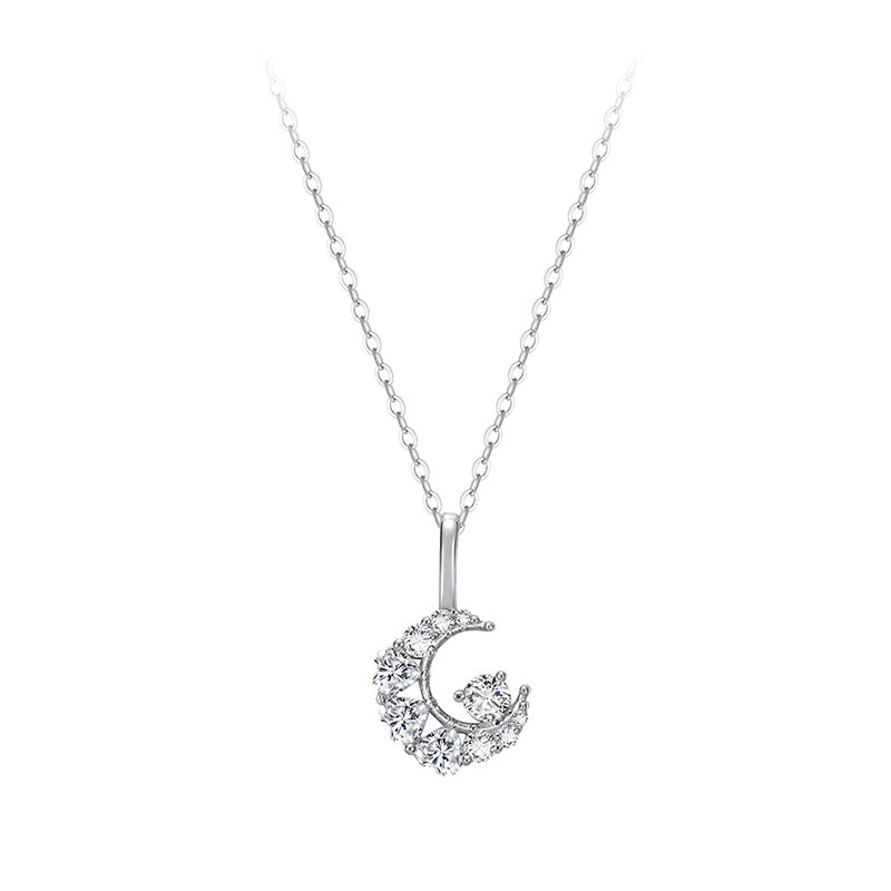Gold Stainless Steel Crescent Moon Pendant Necklace, Mixed Size Paved Clear CZ Moon Charm Necklace