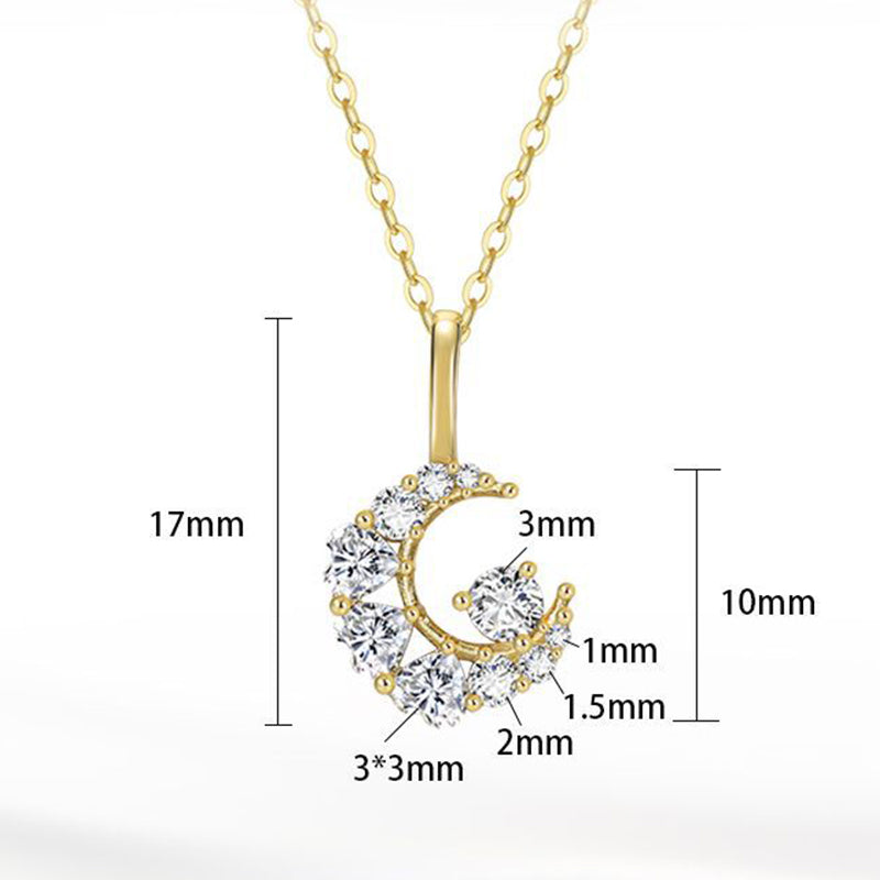 Gold Stainless Steel Crescent Moon Pendant Necklace, Mixed Size Paved Clear CZ Moon Charm Necklace