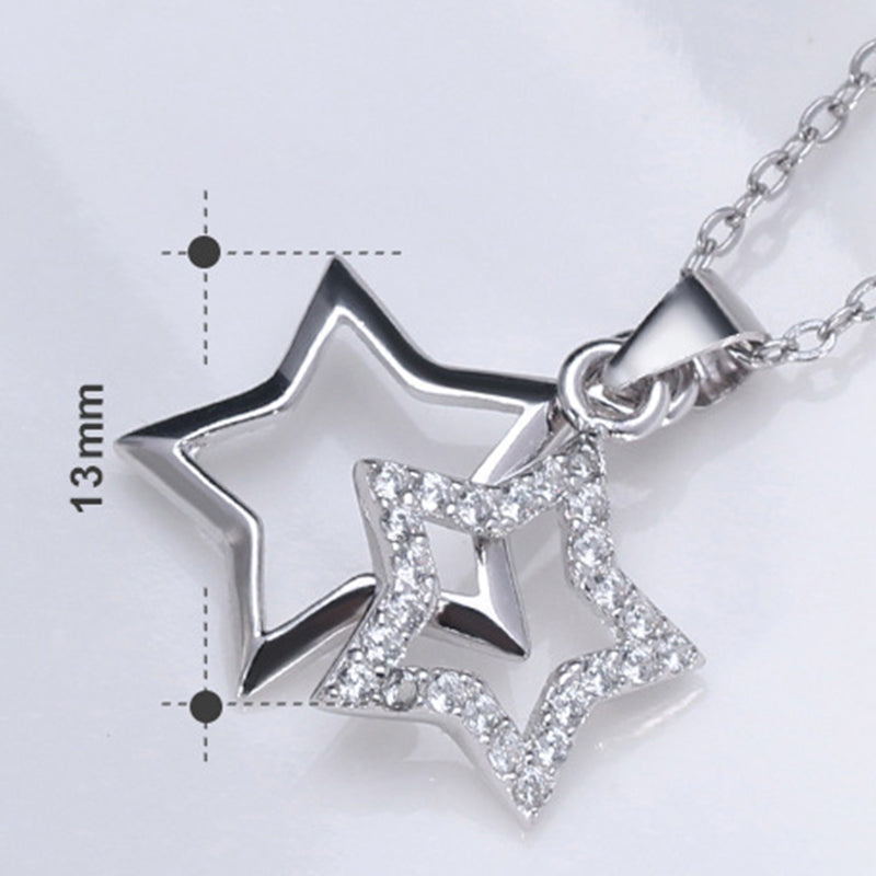 Silver Stainless Steel Interlocking Double Star Necklace, Hollow & Paved CZ Stacked Star Pendant Chain