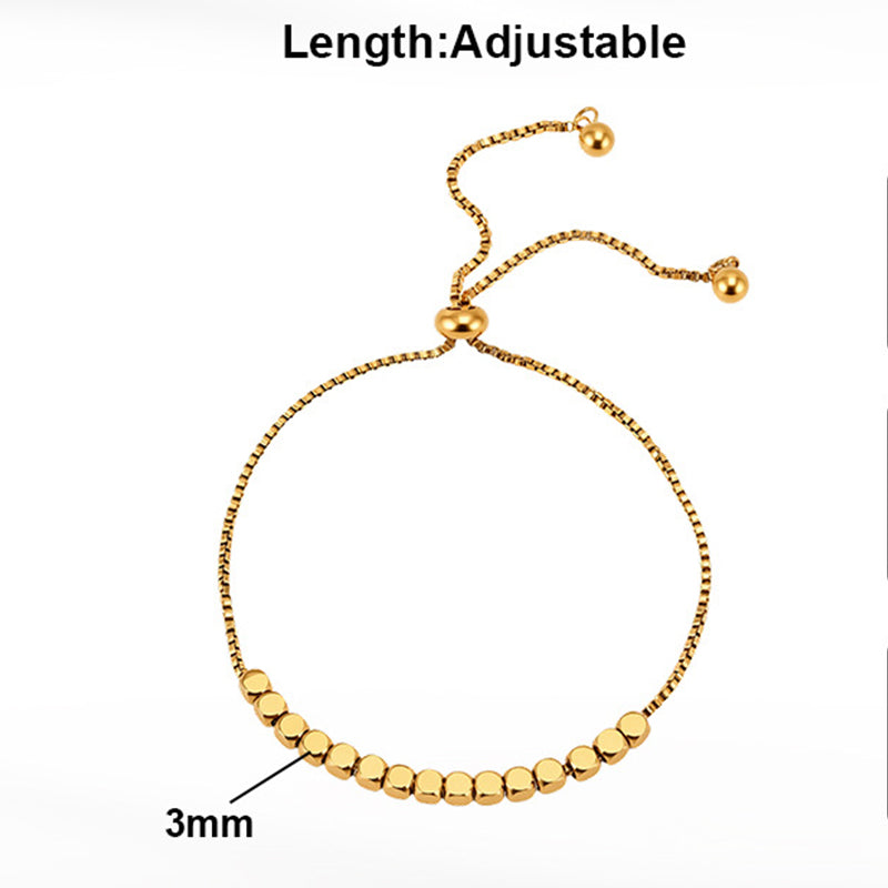 Gold Plated Stainless Steel Adjustable Slider Box Chain Bracelet, Small Cube Beads, Pull Slide Clasp Design
