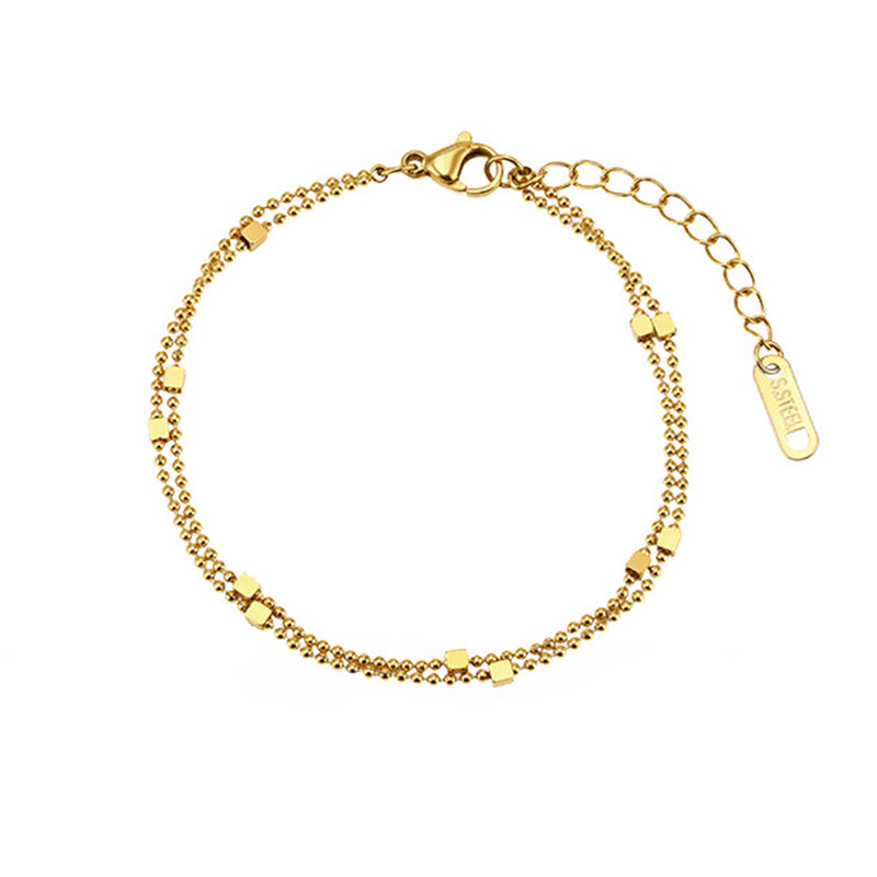 Gold Plated Stainless Steel Double Strand Ball Chain Bracelet, Decorated with Small Square Cube Beads, Adjustable Extension Chain