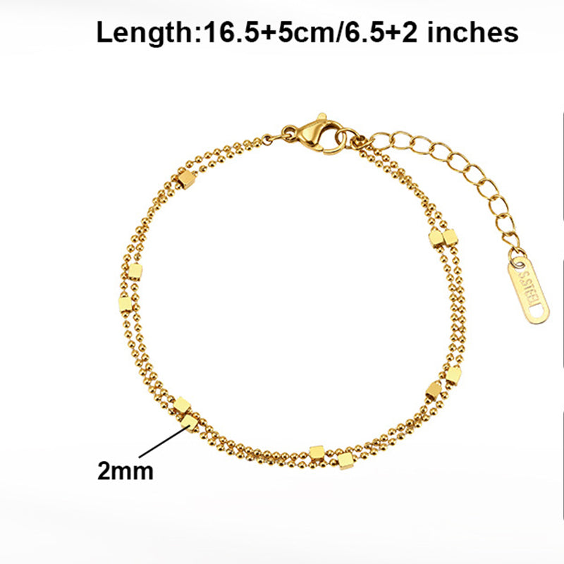 Gold Plated Stainless Steel Double Strand Ball Chain Bracelet, Decorated with Small Square Cube Beads, Adjustable Extension Chain