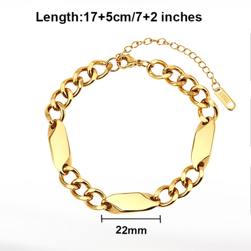 Silver Stainless Steel Chunky Curb Link Bracelet, Twisted Flat Rectangle Tags, Adjustable Extension Chain